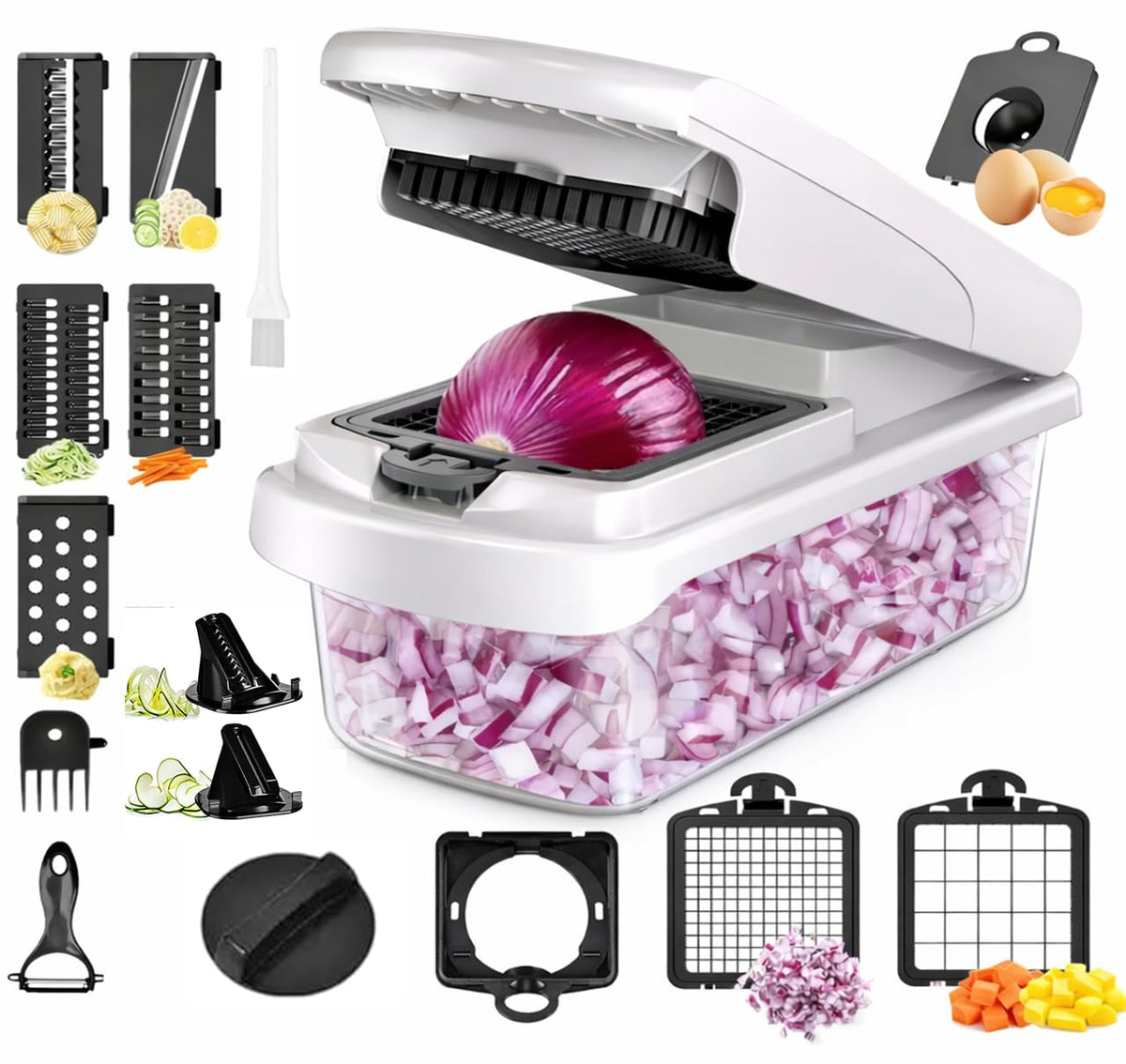 Theona 18 in 1 Vegetable Chopper for Kitchen with Container | Stainless Steel Blades | Onion Chopper | Vegetable Cutter, Slicer, Dicer & Grater | Food Manual Chopper for Home (White and Black, 18in1)