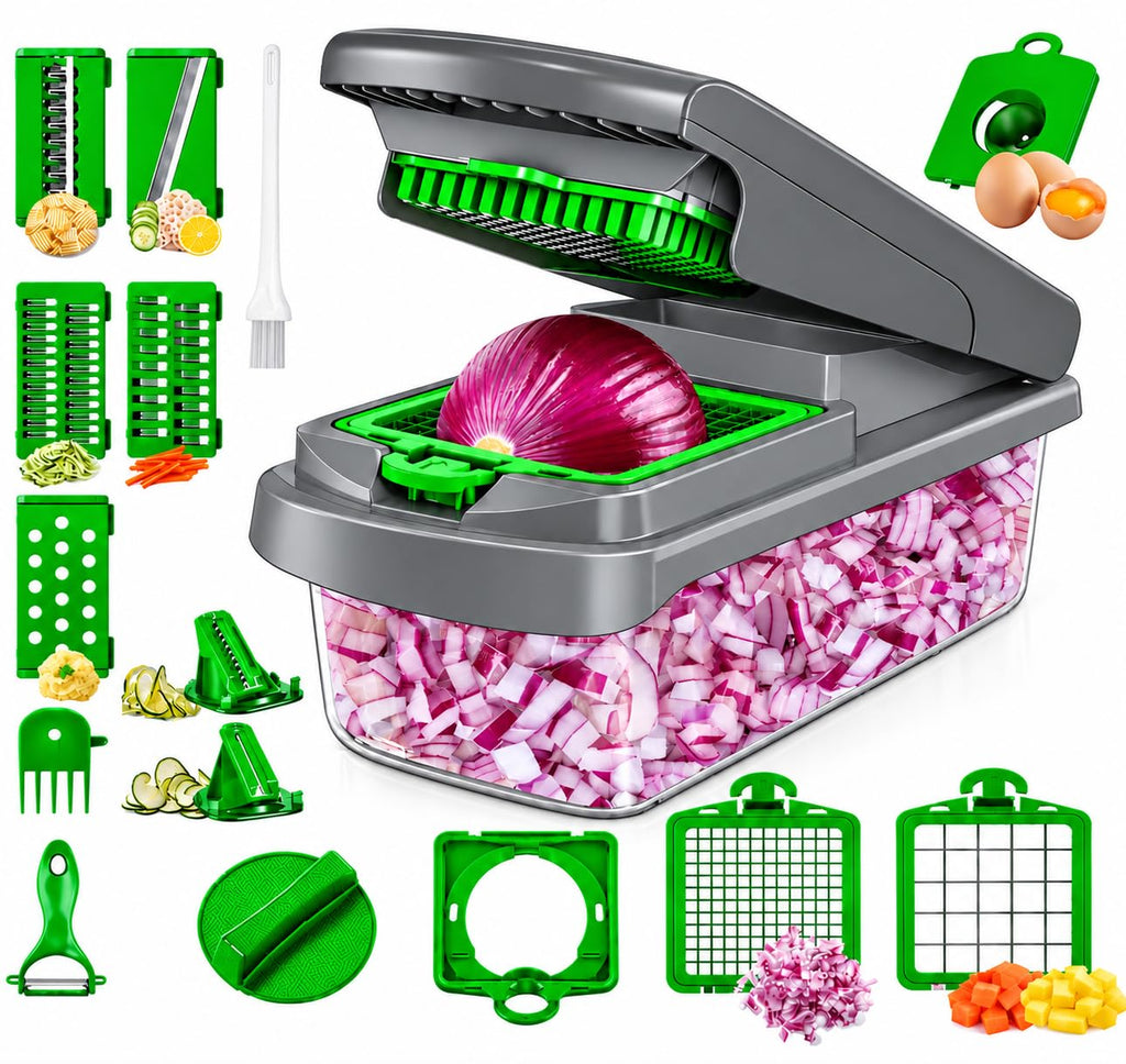 Theona 18 in 1 Vegetable Chopper for Kitchen with Container | Stainless Steel Blades | Onion Chopper | Vegetable Cutter, Slicer, Dicer & Grater | Food Manual Chopper for Home (Grey and Green, 18in1)