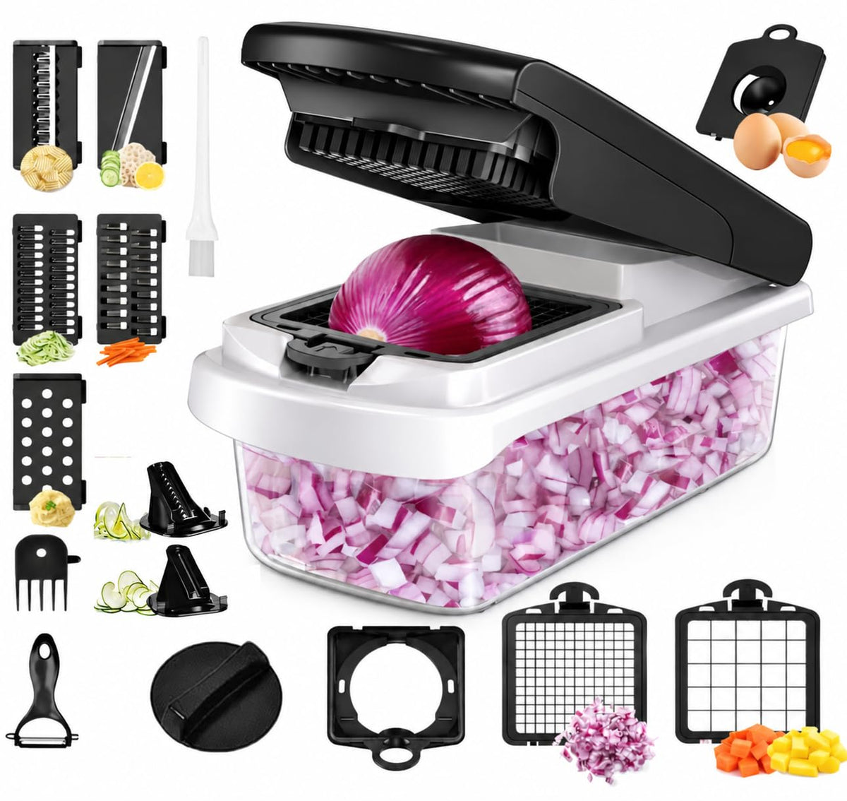 Theona 18 in 1 Vegetable Chopper for Kitchen with Container | Stainless Steel Blades | Onion Chopper | Vegetable Cutter, Slicer, Dicer & Grater | Food Manual Chopper for Home (Black and White, 18in1)