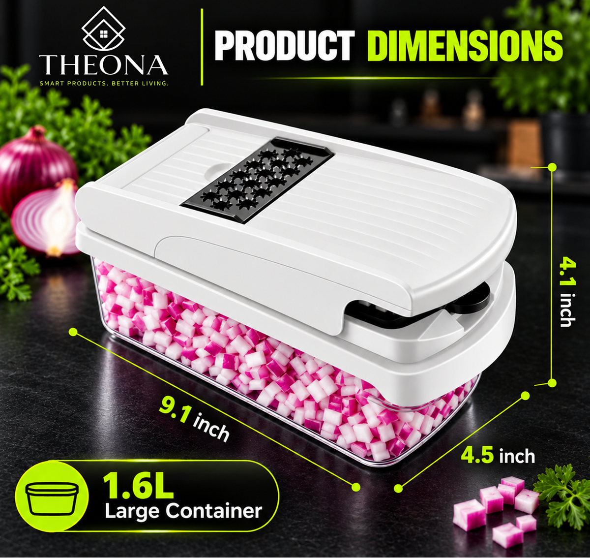 Theona 18 in 1 Vegetable Chopper for Kitchen with Container | Stainless Steel Blades | Onion Chopper | Vegetable Cutter, Slicer, Dicer & Grater | Food Manual Chopper for Home (Black and White, 18in1)