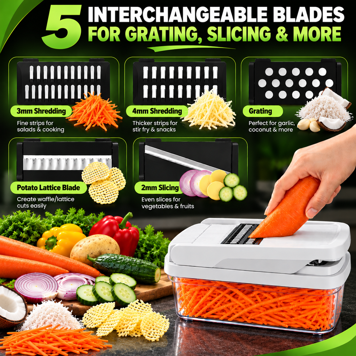 Theona 18 in 1 Vegetable Chopper for Kitchen with Container | Stainless Steel Blades | Onion Chopper | Vegetable Cutter, Slicer, Dicer & Grater | Food Manual Chopper for Home (Black and White, 18in1)