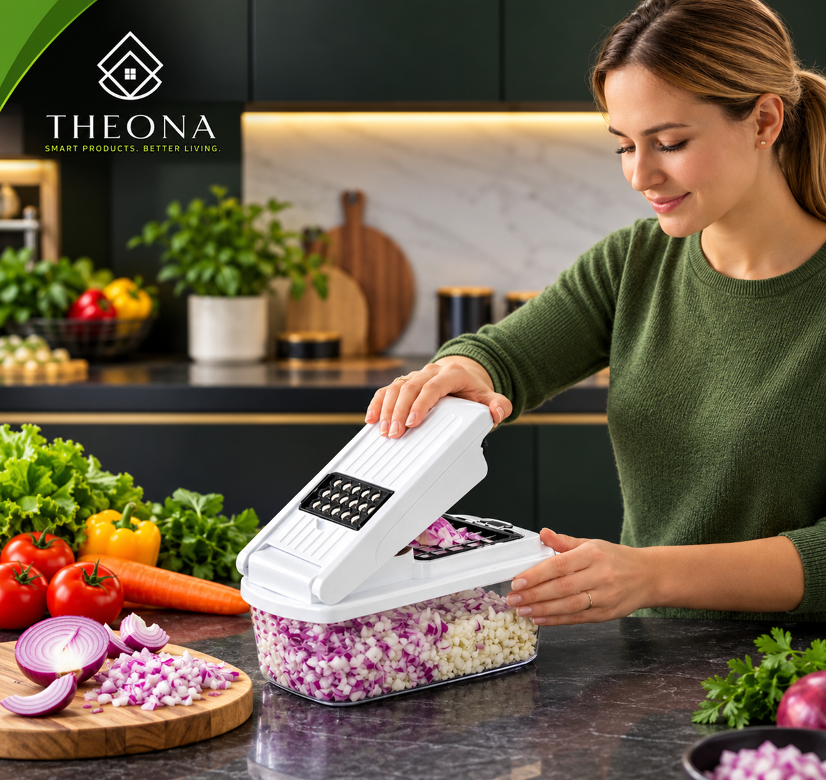 Theona 18 in 1 Vegetable Chopper for Kitchen with Container | Stainless Steel Blades | Onion Chopper | Vegetable Cutter, Slicer, Dicer & Grater | Food Manual Chopper for Home (Black and White, 18in1)